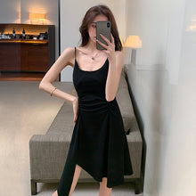 Load image into Gallery viewer, Light mature high-end dress temperament irregular suspender dress women&#39;s 2021 summer new slim slim split inside with small blac