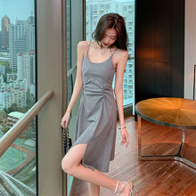 Load image into Gallery viewer, Light mature high-end dress temperament irregular suspender dress women&#39;s 2021 summer new slim slim split inside with small blac