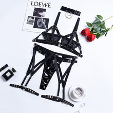 Load image into Gallery viewer, Lingerie 5 Pieces Sexy PU Thong Underwear Sensual Outfits Woman Intimate Push Up Bra Garters Nightwear Hollow Out Costumes Set