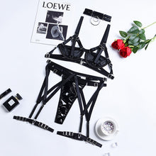 Load image into Gallery viewer, Lingerie 5 Pieces Sexy PU Thong Underwear Sensual Outfits Woman Intimate Push Up Bra Garters Nightwear Hollow Out Costumes Set