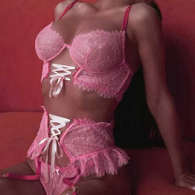 Lingerie Sexy Ruffled Bandage Patchwork Underwear Sex Suit 3-Piece Underwire Transparent Lace Ribbon Bra Garters Exotic Sets