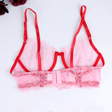 Load image into Gallery viewer, Lingerie Sexy Ruffled Bandage Patchwork Underwear Sex Suit 3-Piece Underwire Transparent Lace Ribbon Bra Garters Exotic Sets
