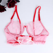 Load image into Gallery viewer, Lingerie Sexy Ruffled Bandage Patchwork Underwear Sex Suit 3-Piece Underwire Transparent Lace Ribbon Bra Garters Exotic Sets