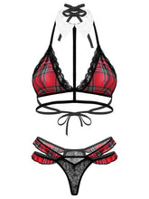 Load image into Gallery viewer, Lingerie Underwear Sleepwear Sexy Lingerie Suit for Womens Plaid Strappy Lace-up Unlined Wireless Bras with Lace G-String Briefs