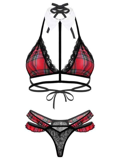 Lingerie Underwear Sleepwear Sexy Lingerie Suit for Womens Plaid Strappy Lace-up Unlined Wireless Bras with Lace G-String Briefs