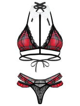 Load image into Gallery viewer, Lingerie Underwear Sleepwear Sexy Lingerie Suit for Womens Plaid Strappy Lace-up Unlined Wireless Bras with Lace G-String Briefs