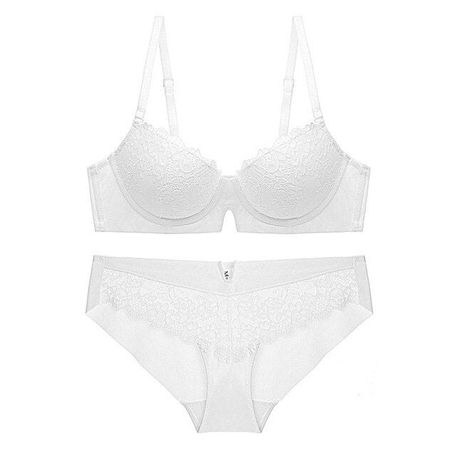 Lingerie set plus size half cup bra red underwear sets new sexy lace thin padded push up 3/4 brassiere black white bras