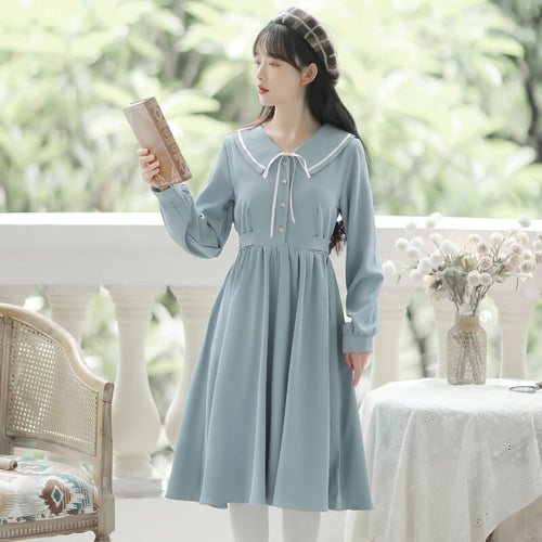 Literary Cute Little Fresh College Style Dress Women Autumn Long Sleeve Solid Peter pan Collar Collar Cute Kawaii Dress Vestidos