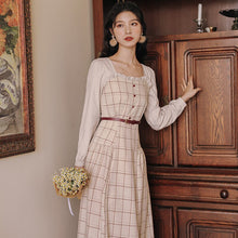 Load image into Gallery viewer, Literary Retro Plaid Women Elegant Dress Female Fall 2021 Ruffled Square Collar Sexy Long Sleeve Fashion French  Vestido Midi