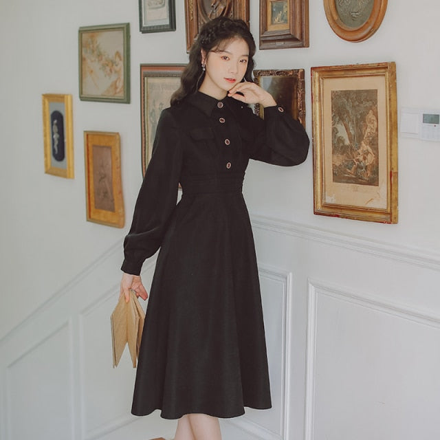 Literature and Art Retro French Lace Long Sleeve Vestidos de mujer Autumn Design Elegant Midi Dress Ladies Black Casual Dresses