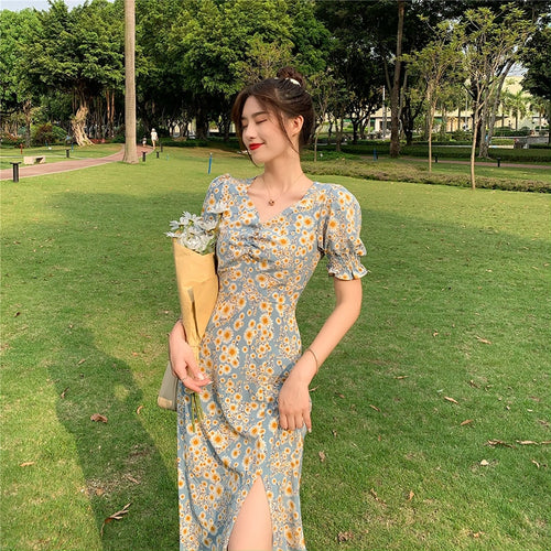 Little Daisy Floral Dress Women 2021 Summer French Gentle Temperament Sundress Female Thin Waist Platycodon Long Vestidos Ladies