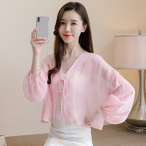 Little Shawl Short Sun Protection Cardigan Chiffon Blouse Women Spring and Autumn Thin All-Match Coat Fashion Woman Blouses 2021