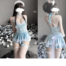 Load image into Gallery viewer, Lolita Blue Maid Outfit Cute Lace Satin Sexy Lingerie for Women Kawaii Dress Role Play Cosplay Costumes Waiter Servant Uniform