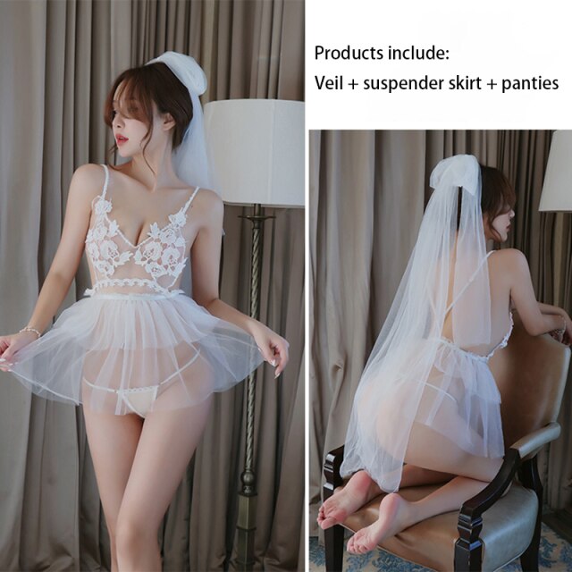 Lolita Bride Sweet Wedding  Mesh Kawaii Lingerie Princess Uniform Girl Sexy Fluffy Suspender Perspective Veil,Skirt,panties suit