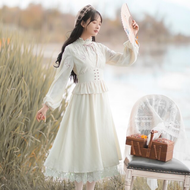 Lolita Sweet Fairy Dress Female Flower Embroidery Chinese Style Retro Ruffle Stand Collar Elegant Puff Sleeve Dress Y2K Fall