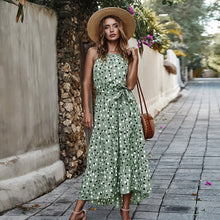 Load image into Gallery viewer, Long Dot Vacation Style Print Dress Women Lace Up High Waist O Neck Big Swing Dress New 2021 Fashion Summer Sleeveless Dress