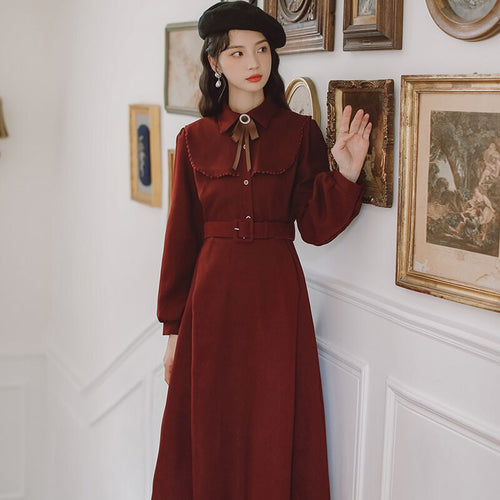 Long Sleeve Autumn Vintage Dress Femininas Bowknot Lapel Cute Chic Pure Color Casual Dress One-Piece Women's Clothing With Belt
