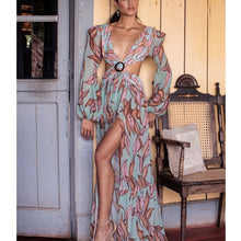 Load image into Gallery viewer, Long Sleeve Beach Dresses Summer 2021 Lantern sleeve Deep V-Neck Swimwear Floral beach cover ups Women Kimono Bathingsuit Boho