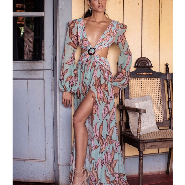 Long Sleeve Beach Dresses Summer 2021 Lantern sleeve Deep V-Neck Swimwear Floral beach cover ups Women Kimono Bathingsuit Boho