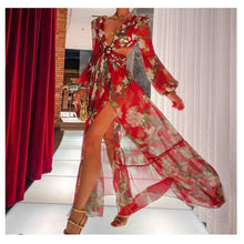 Load image into Gallery viewer, Long Sleeve Beach Dresses Summer 2021 Lantern sleeve Deep V-Neck Swimwear Floral beach cover ups Women Kimono Bathingsuit Boho