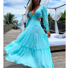 Load image into Gallery viewer, Long Sleeve Beach Dresses Summer 2021 Lantern sleeve Deep V-Neck Swimwear Floral beach cover ups Women Kimono Bathingsuit Boho