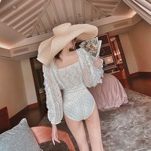 Load image into Gallery viewer, Long Sleeve Lace One Piece Swimsuit Women Dot Swimwear Ruffle Bronzing Gold Monokini Push Up Beads Open Back Trikini Princess