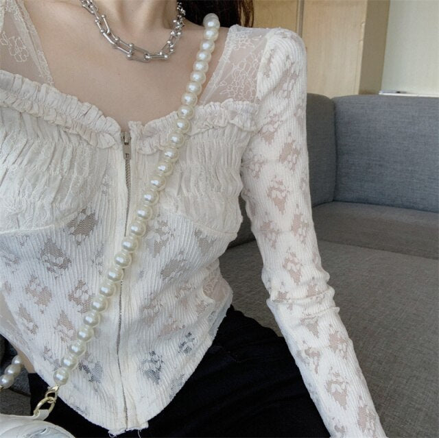 Long Sleeve Lace Patchwork Blouse Women Blouse Zipper Sexy Square Collar Slim Elegant Shirts Autumn Casual Crop Tops Fairycore