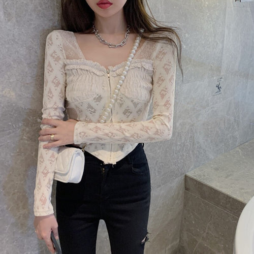 Long Sleeve Lace Patchwork Blouse Women Blouse Zipper Sexy Square Collar Slim Elegant Shirts Autumn Casual Crop Tops Fairycore
