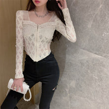 Load image into Gallery viewer, Long Sleeve Lace Patchwork Blouse Women Blouse Zipper Sexy Square Collar Slim Elegant Shirts Autumn Casual Crop Tops Fairycore