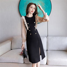 Load image into Gallery viewer, Long Sleeve Mesh Patchwork High Waist Ruffle Buttons Knee Length Dress Women Autumn Fashion Slim Split Fork Party Dresses Female