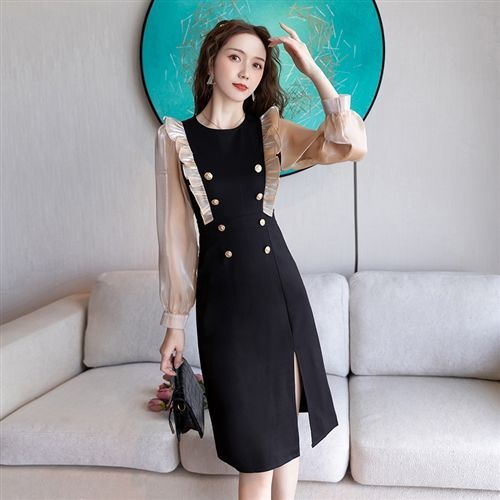 Long Sleeve Mesh Patchwork High Waist Ruffle Buttons Knee Length Dress Women Autumn Fashion Slim Split Fork Party Dresses Female