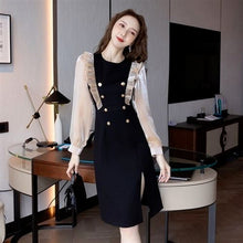 Load image into Gallery viewer, Long Sleeve Mesh Patchwork High Waist Ruffle Buttons Knee Length Dress Women Autumn Fashion Slim Split Fork Party Dresses Female