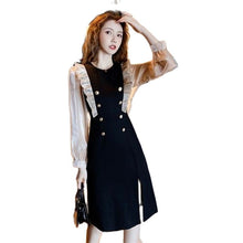 Load image into Gallery viewer, Long Sleeve Mesh Patchwork High Waist Ruffle Buttons Knee Length Dress Women Autumn Fashion Slim Split Fork Party Dresses Female
