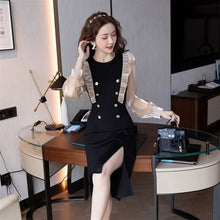 Load image into Gallery viewer, Long Sleeve Mesh Patchwork High Waist Ruffle Buttons Knee Length Dress Women Autumn Fashion Slim Split Fork Party Dresses Female