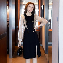 Load image into Gallery viewer, Long Sleeve Mesh Patchwork High Waist Ruffle Buttons Knee Length Dress Women Autumn Fashion Slim Split Fork Party Dresses Female