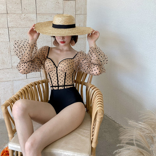 Long Sleeve One Piece Swimsuit Women Dot Print Swimwear Lace Monokini Push Up Swim Suit Retro Korea Bathing Suit Mesh Bandage