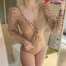 Load image into Gallery viewer, Long Sleeve One Piece Swimsuit Women Dot Swimwear Lace Monokini Bandage Swim Suit Korea Style Trikini Lace Up Bathing Suit Pad