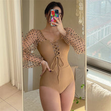 Load image into Gallery viewer, Long Sleeve One Piece Swimsuit Women Dot Swimwear Lace Monokini Bandage Swim Suit Korea Style Trikini Lace Up Bathing Suit Pad