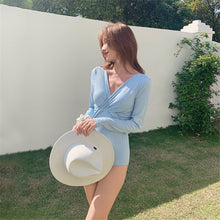 Load image into Gallery viewer, Long Sleeve One Piece Swimsuit Women Solid Swimwear Blue Bathing Suit Wrap Tie  Monokini Push Up Swim Suit Pad Rash Guard Korea