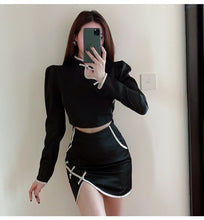 Load image into Gallery viewer, Long Sleeve Pink Cheongsam Shirts Women Crop Tops Autumn Fashion Gentle Chinese Style Irregular Black Skirts Mini Sets Outifits