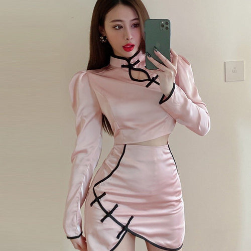 Long Sleeve Pink Cheongsam Shirts Women Crop Tops Autumn Fashion Gentle Chinese Style Irregular Black Skirts Mini Sets Outifits