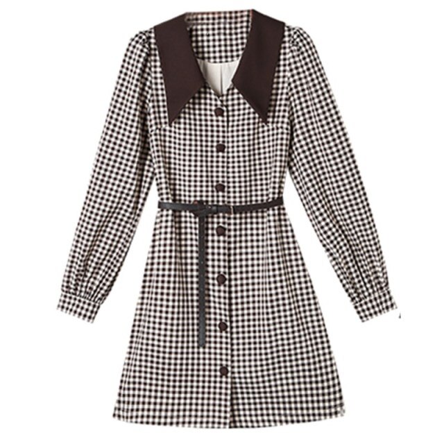 Long Sleeve Plaid Mini Dress Women Autumn Turndown Collar Single-breasted Korean Style Fashion Party Dresses Female Vestidos