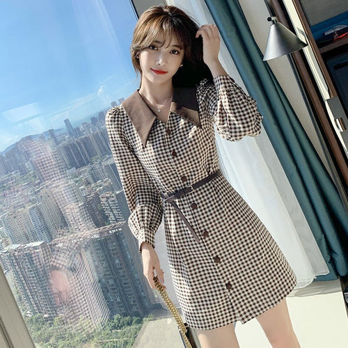 Long Sleeve Plaid Mini Dress Women Autumn Turndown Collar Single-breasted Korean Style Fashion Party Dresses Female Vestidos