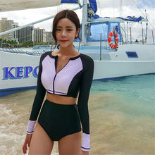 Load image into Gallery viewer, Long Sleeve Rash Guard Women Black Two Piece Swimsuits Zipper High Waist 3 Pieces Surfing Suit Crop Bathing Suit Pad Swimwear