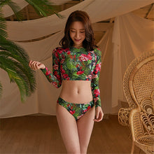 Load image into Gallery viewer, Long Sleeve Rash Guard Women Floral Print Two Piece Swimsuit BrazilianTankini Crop Top Swimwear Tie Sides Surf Bathing Suit Pad