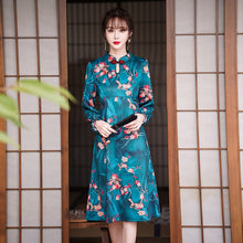 Load image into Gallery viewer, Long Sleeve Retro High Waist Dress Women Autumn Floral Print Plus Size Elegant Chinese Style Improved Cheongsam Ladies Clothes