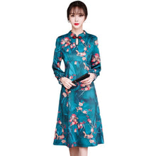 Load image into Gallery viewer, Long Sleeve Retro High Waist Dress Women Autumn Floral Print Plus Size Elegant Chinese Style Improved Cheongsam Ladies Clothes