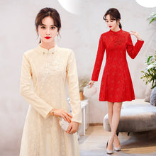 Load image into Gallery viewer, Long Sleeve Stand Collar Improved Cheongsam Women Autumn Lace Solid Beading Embroidery Slim Chinese Style Mini Dress Female
