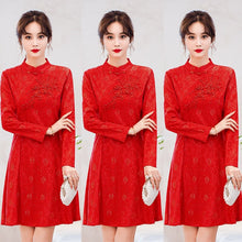 Load image into Gallery viewer, Long Sleeve Stand Collar Improved Cheongsam Women Autumn Lace Solid Beading Embroidery Slim Chinese Style Mini Dress Female