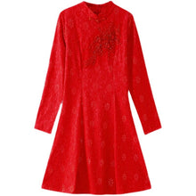 Load image into Gallery viewer, Long Sleeve Stand Collar Improved Cheongsam Women Autumn Lace Solid Beading Embroidery Slim Chinese Style Mini Dress Female